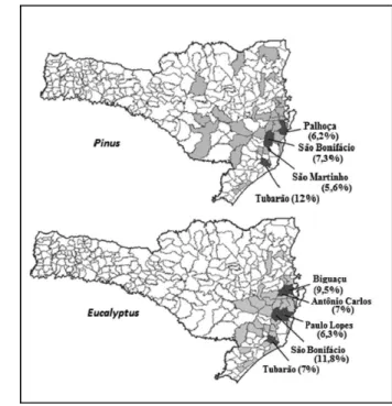 Figura 7.  Municípios catarinenses fornecedores de madeira serrada de Pinus e Eucalyptus para os estabelecimentos  madeireiros da Microrregião Geográfica de Florianópolis, com destaque aos principais fornecedores.