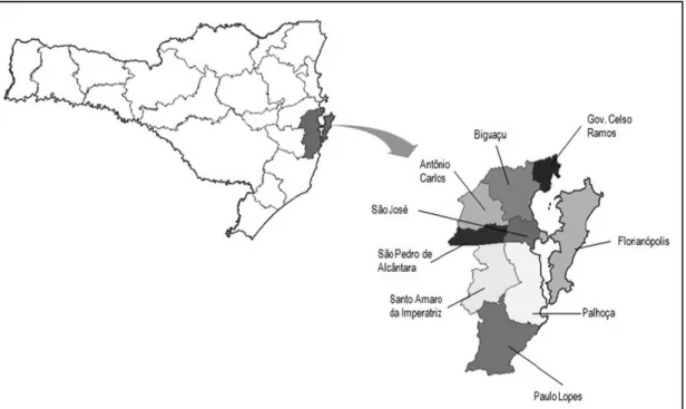 Figura 1.  Localização dos municípios que compõem a Microrregião Geográfica de Florianópolis