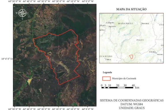 Figura 1.  Mapa com a localização do município de Curimatá-PI. Imagem ao fundo fonte: GoogleEarth®.