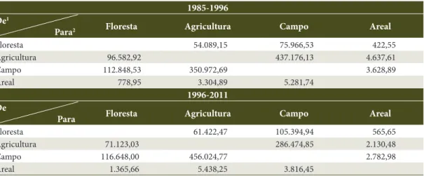 Tabela 5. Transições quantitativas dos usos e cobertura da terra, em hectares, na Campanha Ocidental, entre os 