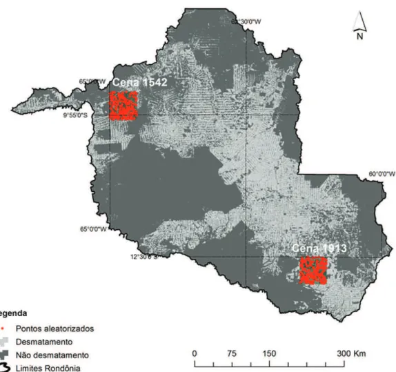 Figura 2.  Localização das cenas do satélite SPOT utilizadas e os pontos aleatorizados (cor vermelha) para avaliação 