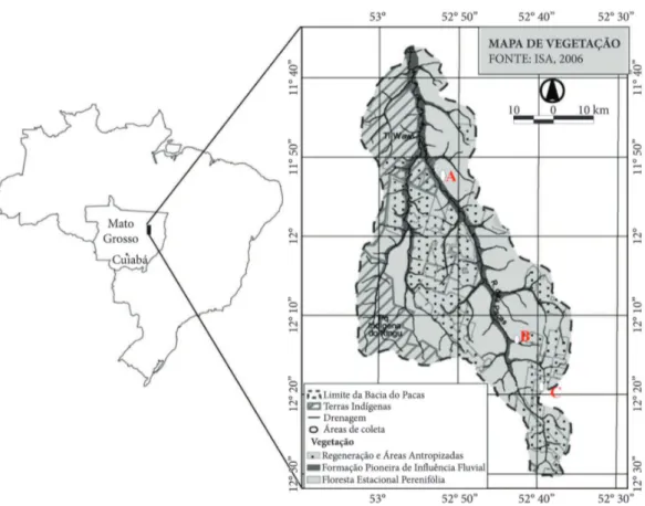 Figura 1. Localização da Bacia do Rio das Pacas, com destaque para as áreas de estudo (A) Foz, (B) Meio e (C)  Nascente, município de Querência-MT.