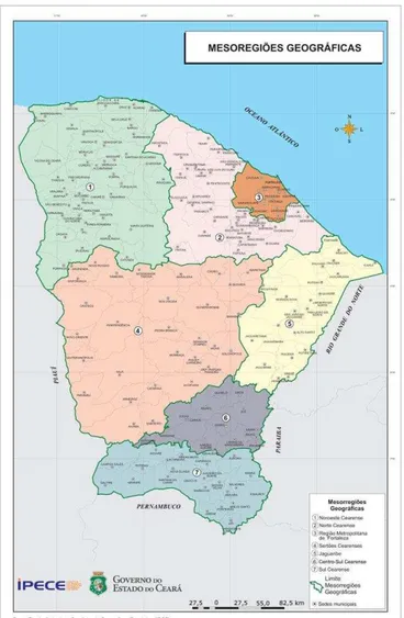 Figura 1. Localização dos municípios estudados e as mesorregiões geográficas do Ceará (Fonte: 