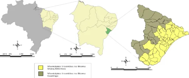 Figura 1. Localização do Estado de Sergipe e dos Biomas nos municípios do Estado. Figure 1