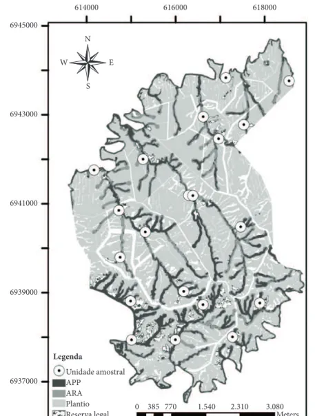 Figura 1.  Mapa de uso do solo da fazenda Campo de Dentro, Otacílio Costa-SC, e distribuição das transecções