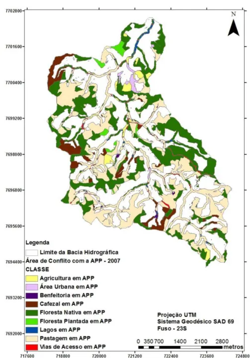 Figura 8. Mapa com as áreas em conflito de uso terra na bacia hidrográfica do ribeirão São Bartolomeu, município  de Viçosa, Minas Gerais, para o ano de 2007.