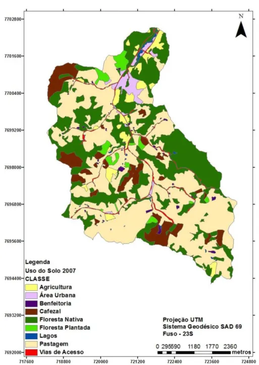 Figura 6. Mapa de Uso e Cobertura da terra na bacia hidrográfica do ribeirão São Bartolomeu, município de Viçosa,  Minas Gerais, para o ano de 2007.
