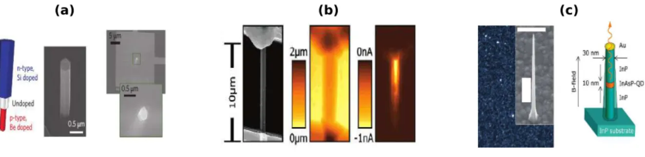 Figura 1.5: (a) Uma junção p-n em um único nanofio. (b) Nanofio isolado de Si. (c) Um único PQ de InAsP de simetria cilíndrica em fio quântico de InP.