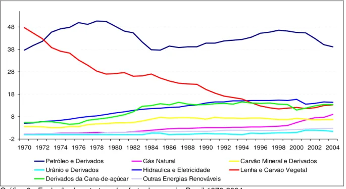 Gráfico 9 - Evolução da estrutura da oferta de energia, Brasil 1970-2004. 