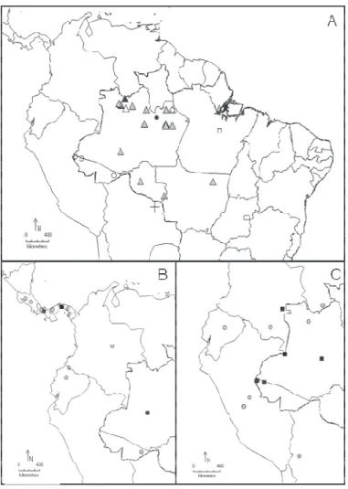 Figura 5: Bloco (B) distribuiç (B1)  restrita  a  Amazônia:  ( minor,  ( )  G.  nubicola,  ( ) contínua América central, And (B3) distribuição Andes, Escud