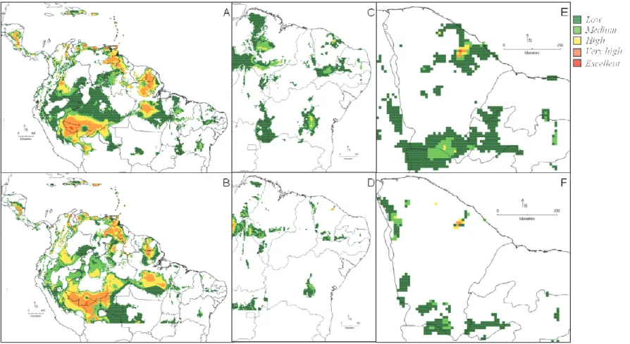 Figura 10. Mapas de distribuição potencial para presente; B, D e F representam a modelagem de total;  C  e  D,  cenário  apresentado  para  a  área  d distribuição abrangendo as serras úmidas do estad