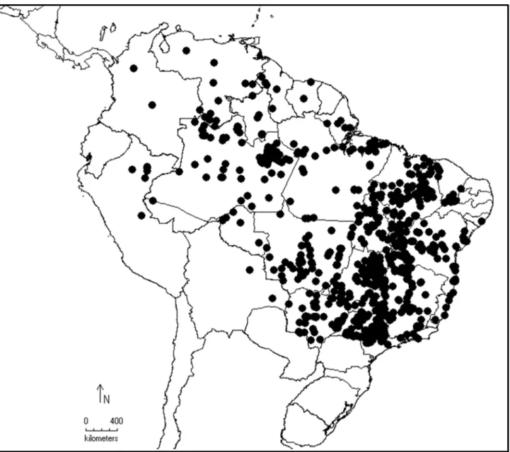 Figura 6. Distribuição geográfica de espécies do gênero Dimorphandra Schott na América do Sul