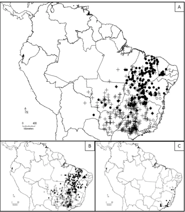 Figura  12.    A  –  Distribuição  geográfica  de  espécies  de  Dimorphandra  pertencentes  ao  bloco  fitogeográfico  B  (Ecótono  Cerrado/Floresta  Atlântica)  de  acordo  com  a  análise  de  UPGMA; 