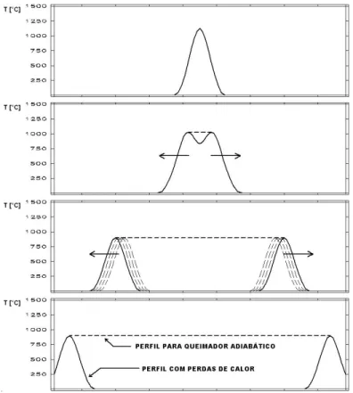 Figura 4.3 - Propagação de ondas de combustão de filtração (O gráfico é qualitativo). 