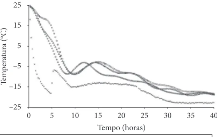 Figura 6.  Cinética de resfriamento do palete: temperatura média das  camadas versus tempo de congelamento para o ensaio de referência.