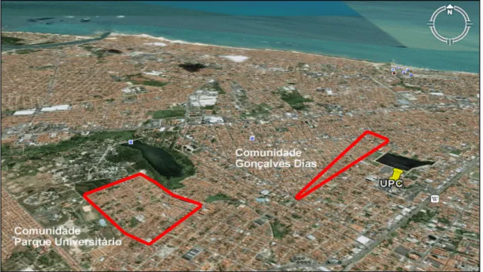 Figura 4 - Delimitação e localização relativa das comunidades Parque Universitário e  Gonçalves Dias em Fortaleza, CE