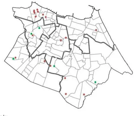 Figura 11 - Mapa de localização dos 18 empreendimentos  estudados e a modalidade de moradia 