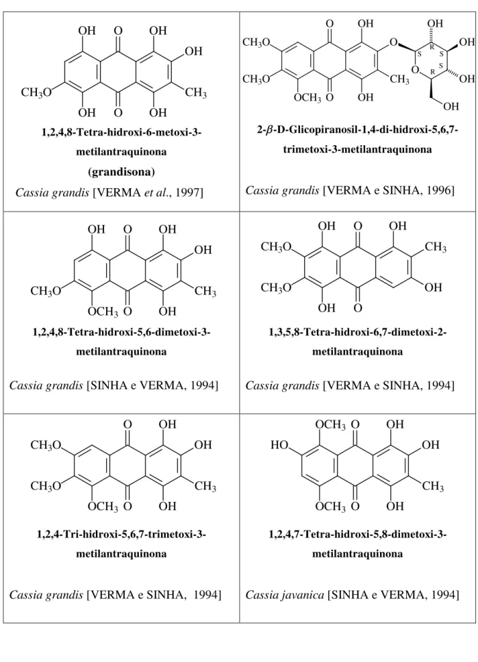 TABELA 07 – Antraquinonas hexaoxigenadas descritas na literatura nos Gêneros Senna,  Cassia e Chamaecrista 