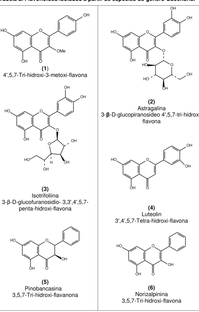 Tabela 2. Flavonóides isolados a partir de espécies do gênero  Baccharis. O OHOOH OHOMe (1)  4',5,7-Tri-hidroxi-3-metoxi-flavona  O OH HO OH OH HO OHOOH OH OHO (3)  Isotrifoliina  3- β -D-glucofuranosidio-  3,3',4',5,7-penta-hidroxi-flavona  O OHOOH OH (5)