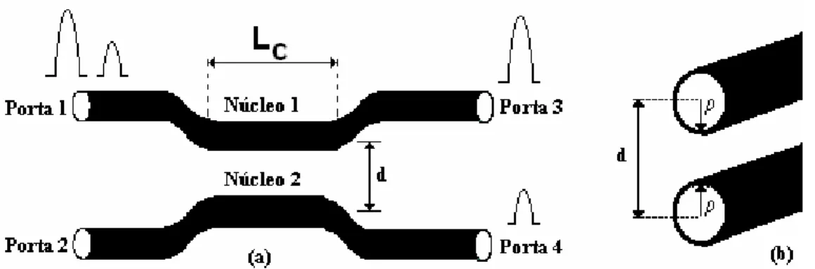 Figura 2.1a : Acoplador direcional não linear (NLDC) com uma ilustração esquemática do  processo de chaveamento