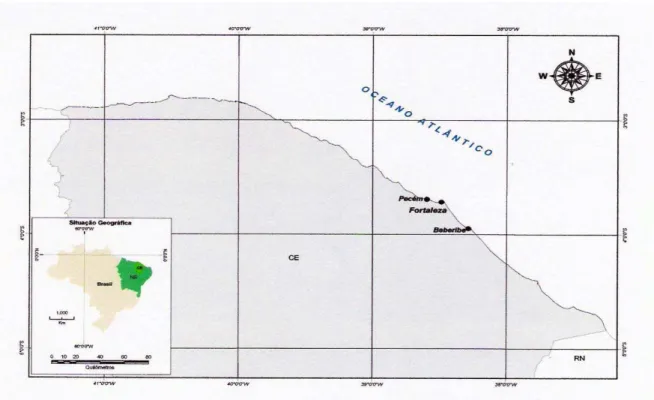 Figura 01. Mapa localizando os pontos de coleta de camarão Farfantepenaeus subtilis. Fonte: Cedido por Leonardo Hislei
