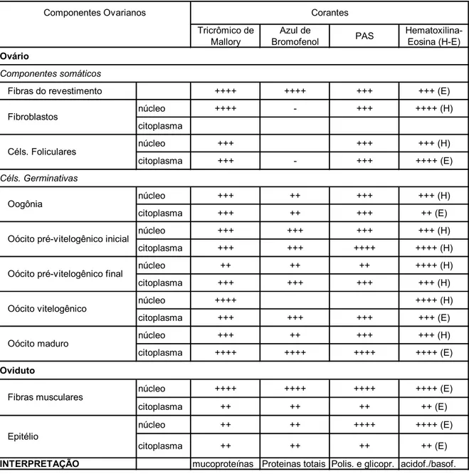Tabela I. Reação dos componentes ovarianos e oviduto de fêmeas  Farfantepenaeus subtilis às diferentes técnicas de coloração empregadas 