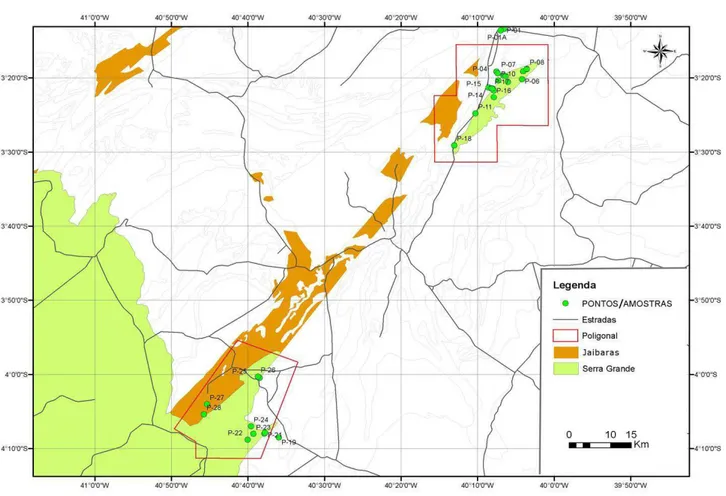 Figura 2: Mapa de pontos de afloramento, com destaque para as áreas de estudo 