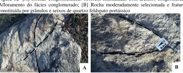 Figura  12-  [A]  Rochas  conglomeráticas  ocorrem  intercaladas  com  arenitos  conglomeráticos  Afloramento  do  fácies  conglomerado;  [B]  Rocha  moderadamente  selecionada  e  fraturada,  constituída por grânulos e seixos de quartzo feldspato portássi