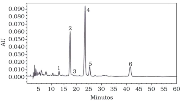 Figura  2.  Cromatograma  característico  obtido  por  CLAE  dos  caro- caro-tenóides de mamão cultivar Sunrise, nas condições cromatográficas  descritas  no  texto