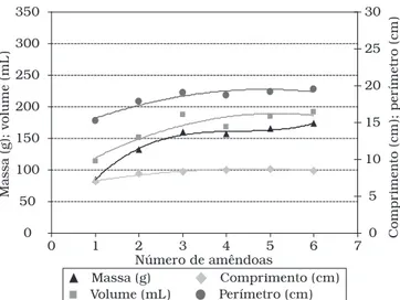 Figura 1. Curvas das características físicas medidas nas unidades de  coco babaçu e correlacionadas com número de amêndoas por fruto  apresentadas (perímetro, massa, volume e comprimento).