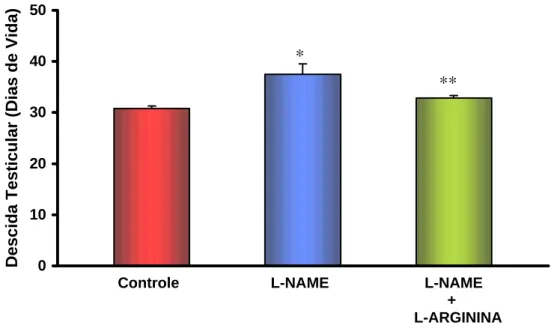 Figura 7. Efeito do L-NAME (20 mg/Kg/dia; v.o. durante 10 dias) no tempo de  descida testicular em  ratos imaturos (a partir dos 20 dias de vida) e reversão do  retardo da descida testicular pela adiministração de L-arginina (600 mg/Kg/dia; 