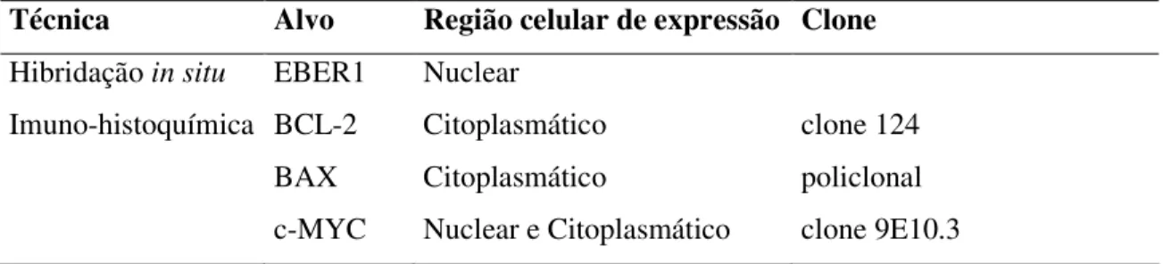 Tabela 4: Regiões celulares de expressão dos alvos das técnicas empregadas e os respectivos  clones dos anticorpos