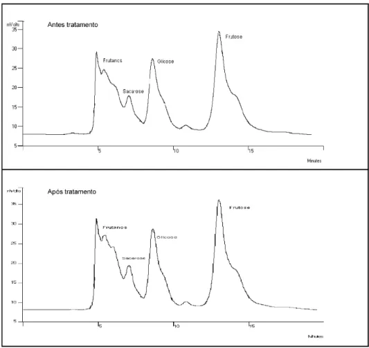 FIGURA 2 - Os cromatogramas mostram os perfis dos sacarídeos nos extratos antes e após o tratamento de remoção de 
