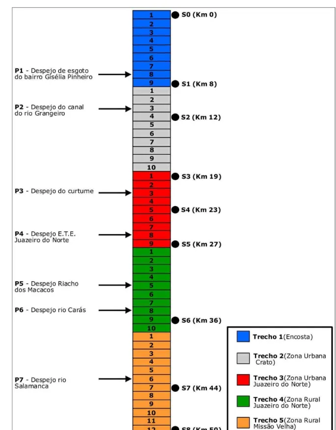Figura 4. Diagrama de trechos, elementos computacionais (EC), entradas e seções de monitoramento no Rio  Salgado
