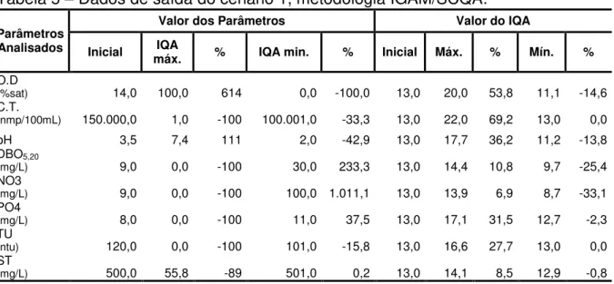 Tabela 5  –  Dados de saída do cenário 1, metodologia IGAM/SCQA. 