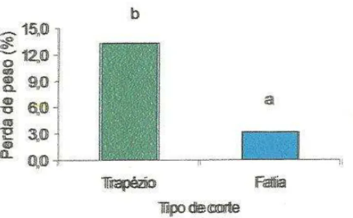 Figura  10  –   Perda  de  peso  em  abacaxi  minimamente  processado  nas  formas  de  trapézio  e   fatia armazenados a 4°C ± 1°C e  99% UR por 16 dias