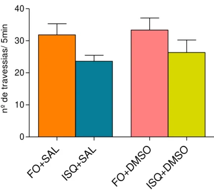 Figura  9  -  Efeito  da  administração  dos  diluentes  Salina  ou  DMSO  no  número  de  crossings   (teste  de  campo  aberto)  de  camundongos  submetidos  à  isquemia  global  transitória por oclusão bilateral das carótidas por 30 min (n=10)