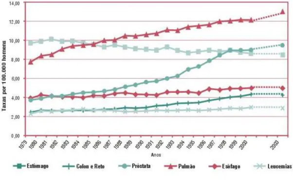 Figura 2: Taxas brutas de mortalidade por 100.000 HOMENS para os tumores mais  frequentes, Brasil, 1979 - 2000 e projeção 2003 (INCA, 2004)