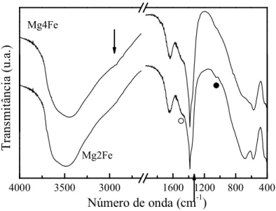 Figura 26: Espectro de absor¸c˜ao no infravermelho (FTIR) das amostras Mg2Fe e Mg4Fe.