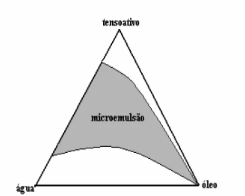 Figura 2.10 Diagrama ternário, mostrando a zona de microemulsão em um sistema de três constituintes