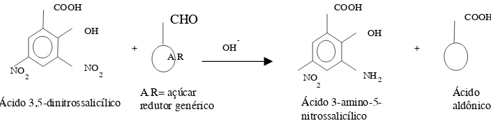FIGURA 1. O ácido dinitrossalicílico é reduzido pelo açúcar re- re-dutor  em  meio  alcalino  a  ácido  3-amino-5-nitrossalicílico formando ácido aldônico.