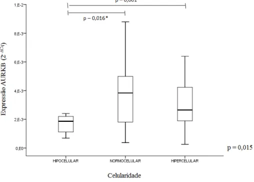 Figura  21:  Níveis  de  expressão  do  gene  AURKB   em  pacientes  com  SMD  em  relação  celularidade da MO