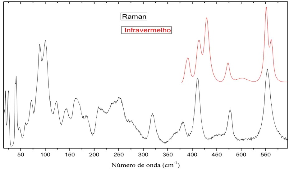 FIGURA 12: Espectro Raman e infravermelho em condições ambiente do cristal de L-lisina.HCl.2H 2 O na região de 18 cm -1  a 600 cm -1 .