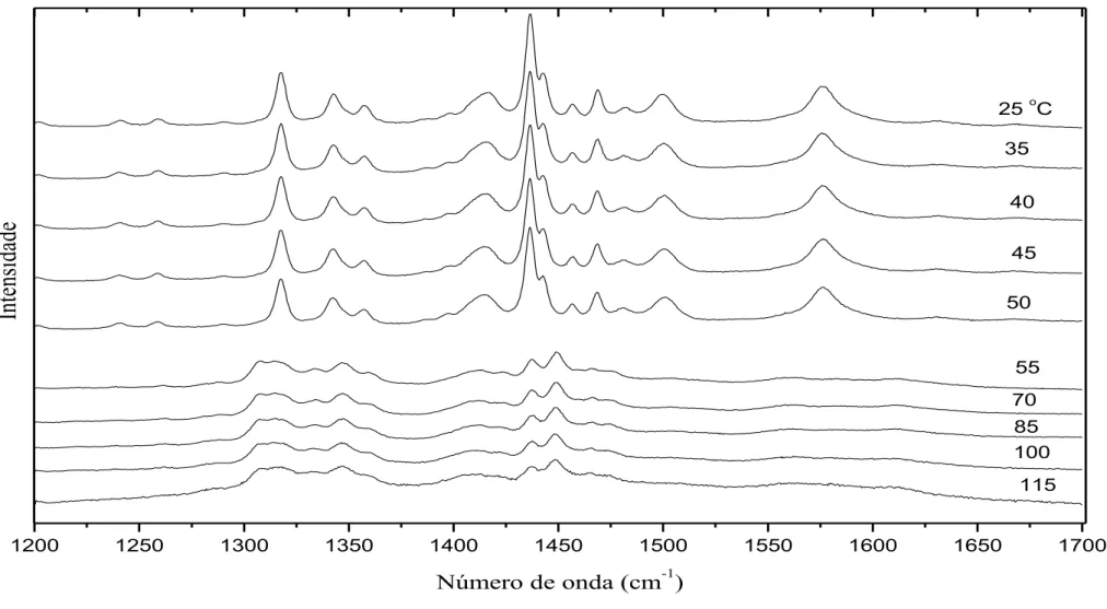 FIGURA 25: Espectro Raman em função da alta temperatura do cristal de L-lisina.HCl.2H 2 O na região de 1200 a 1700 cm -1 