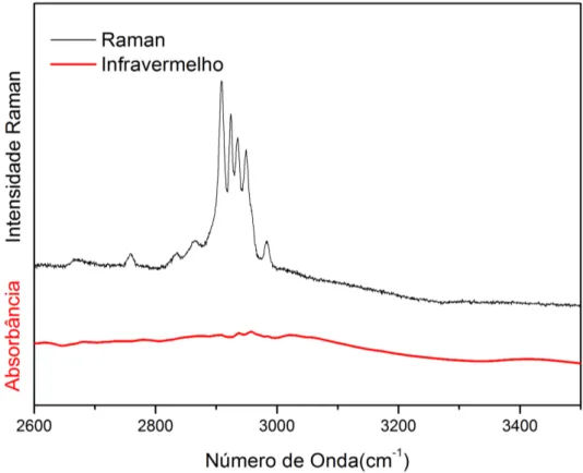Figura 31: Espectros Raman e infravermelho do GABA `a temperatura ambiente na regi˜ao espectral entre 2600 a 3500 cm − 1 .