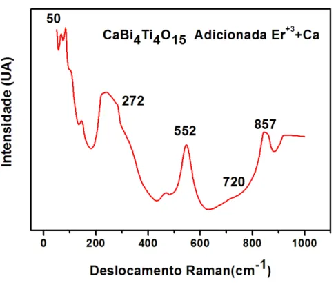 Figura  42-  Espectropia  Raman  da  matriz  cerâmica  CaB i4 Ti 4 O 15   com  a  dopagem  do  Er +3   substituindo  o  elemento Bismuto