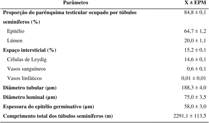 Tabela  3.  Estatística  descritiva  das  características  histológicas  testiculares  de  ovinos  da  raça Morada Nova (média ± erro-padrão da média)