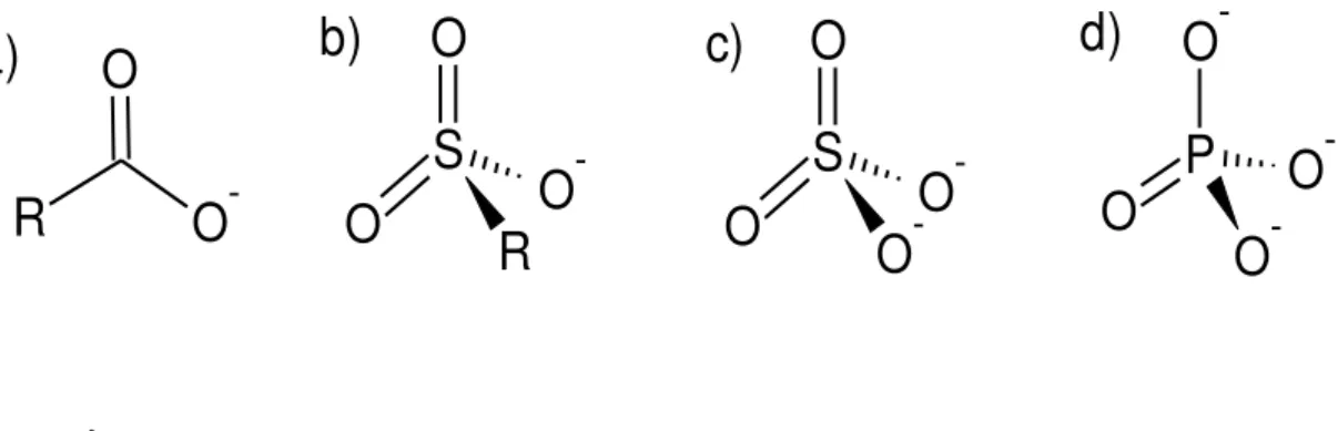 Figura 2- Grupos aniônicos: (a) carboxilato, (b) sulfonato, (c) sulfato e (d) fosfato 