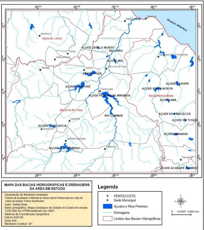 Figura 05 – Mapa da bacia hidrográfica do Curu com drenagens e reservatórios superficiais