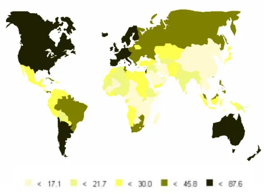 Figura 1 – Mapa de incidência mundial de câncer de mama (/100.000hab.) em 2000 